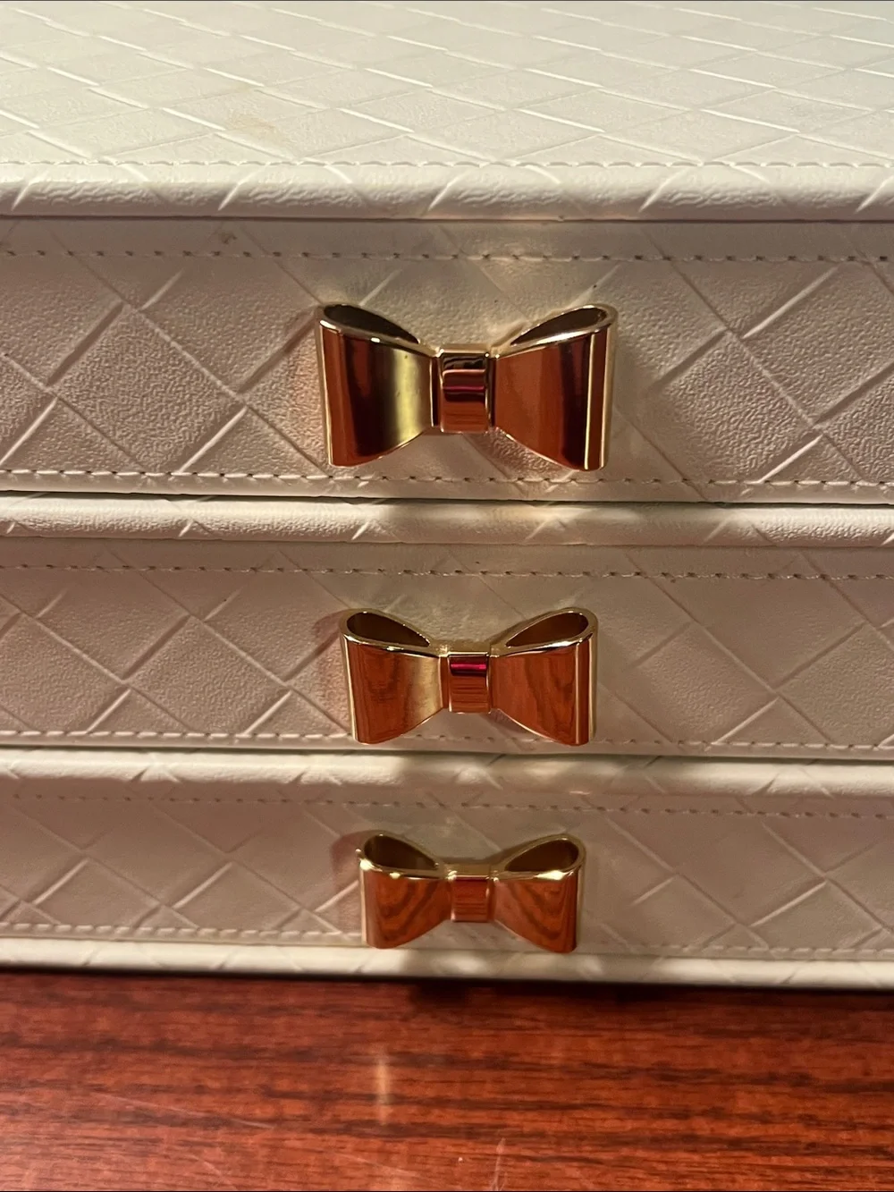 White Quilted 3-Drawer Jewelry or Cosmetic Drawers with Gold Bow Pulls